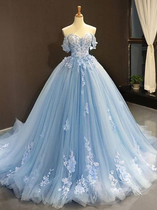 Tulle Ball Sleeveless Off-the-Shoulder Applique Gown Sweep/Brush Train Dresses