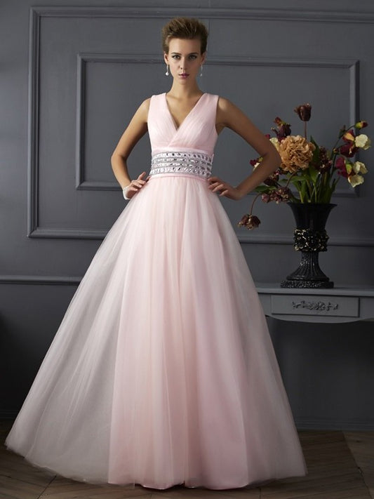 Gown V-neck Sleeveless Beading Ball Long Net Dresses