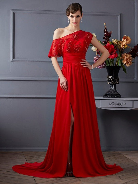 Sleeveless Applique One-Shoulder A-Line/Princess Long Chiffon Dresses