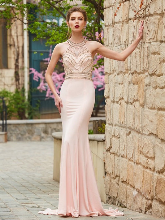 Sheath/Column Sleeveless Train Scoop Sweep/Brush Beading Spandex Dresses