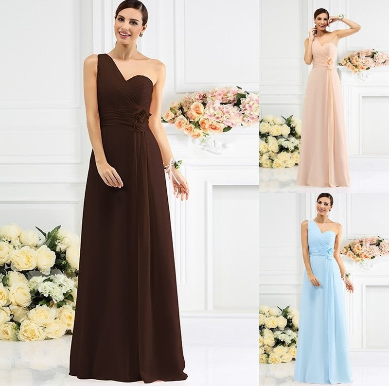 Pleats Sleeveless One-Shoulder Long A-Line/Princess Chiffon Bridesmaid Dresses