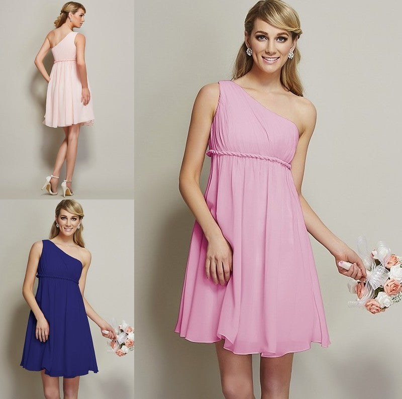 A-Line/Princess One-Shoulder Short Sash/Ribbon/Belt Sleeveless Chiffon Bridesmaid Dresses