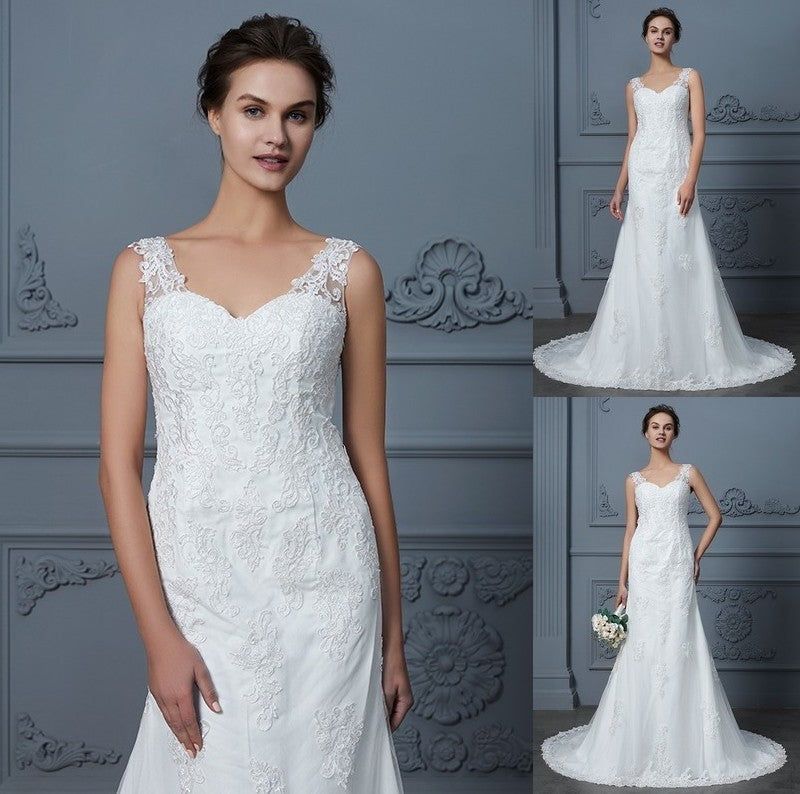 Trumpet/Mermaid Lace Sleeveless V-neck Train Court Tulle Wedding Dresses