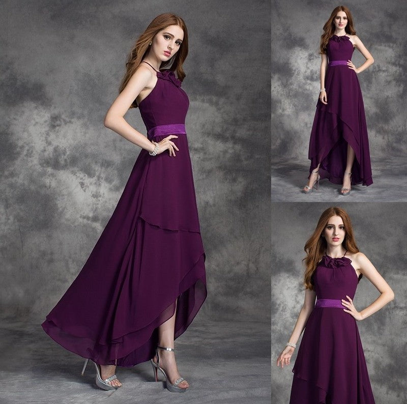 Halter Low A-line/Princess Sleeveless High Ruffles Chiffon Bridesmaid Dresses