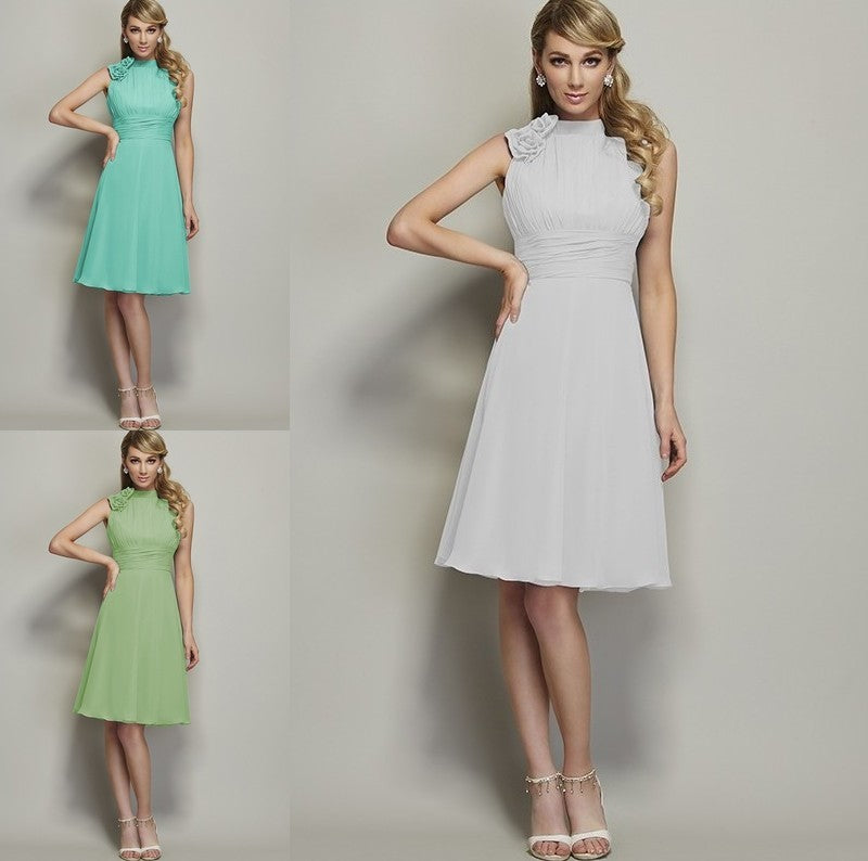 Pleats High Short A-Line/Princess Sleeveless Neck Chiffon Bridesmaid Dresses