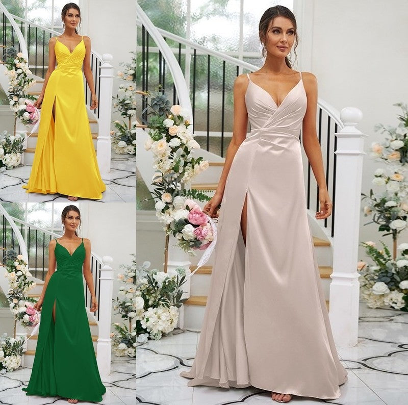 V-neck A-Line/Princess Silk Sleeveless like Satin Ruched Floor-Length Bridesmaid Dresses