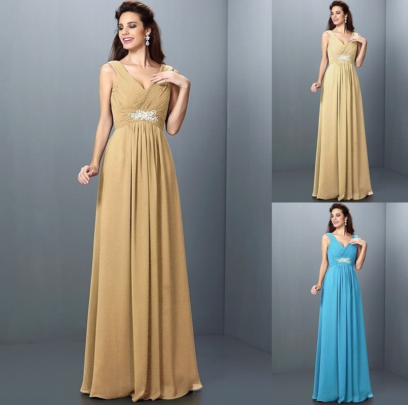 Long Sleeveless V-neck Pleats Beading A-Line/Princess Chiffon Bridesmaid Dresses