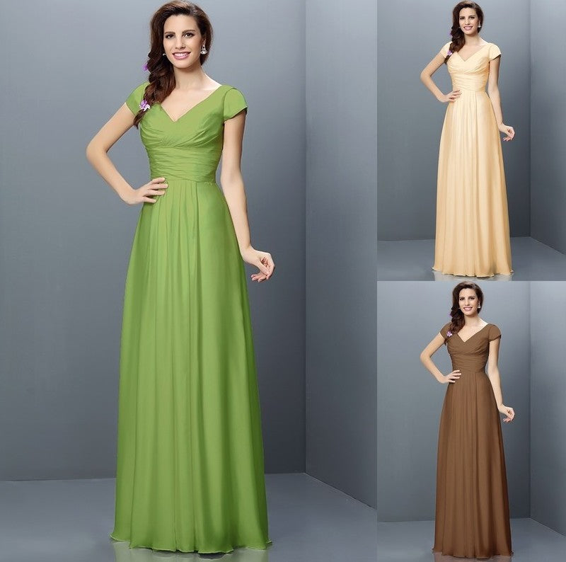 Sleeves Pleats A-Line/Princess V-neck Short Long Chiffon Bridesmaid Dresses