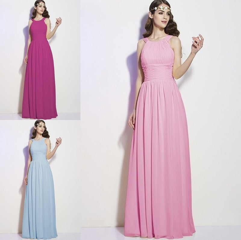 Bateau Long Pleats A-Line/Princess Sleeveless Chiffon Bridesmaid Dresses