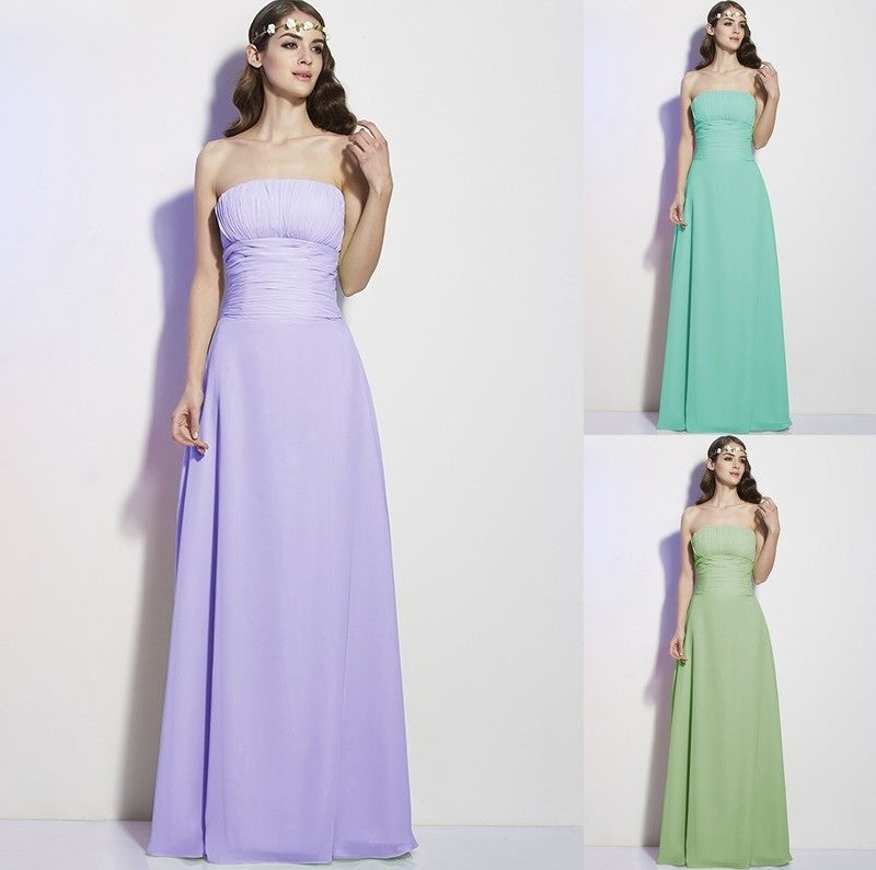 Sleeveless A-Line/Princess Pleats Long Strapless Chiffon Bridesmaid Dresses