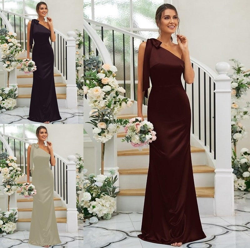 Satin Bowknot Sheath/Column Sleeveless One-Shoulder like Silk Floor-Length Bridesmaid Dresses