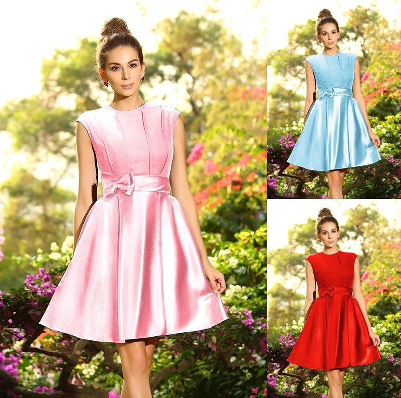 Sleeveless Short Neck Bowknot A-Line/Princess High Satin Bridesmaid Dresses