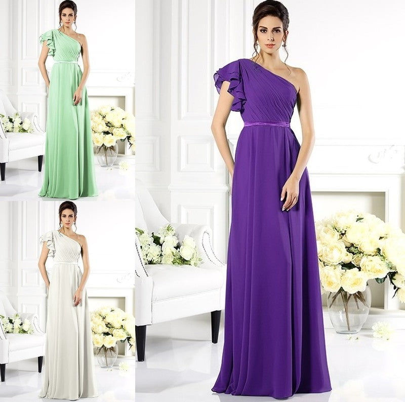 Sleeveless One-Shoulder Ruffles A-Line/Princess Long Chiffon Bridesmaid Dresses