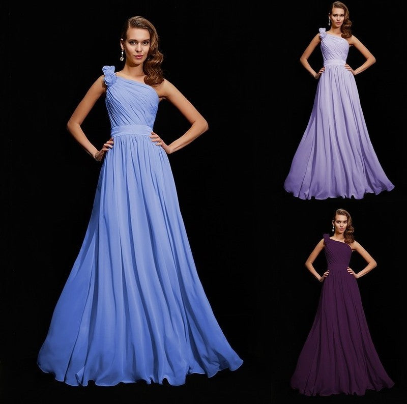 A-Line/Princess Hand-Made Sleeveless Flower One-Shoulder Long Chiffon Bridesmaid Dresses