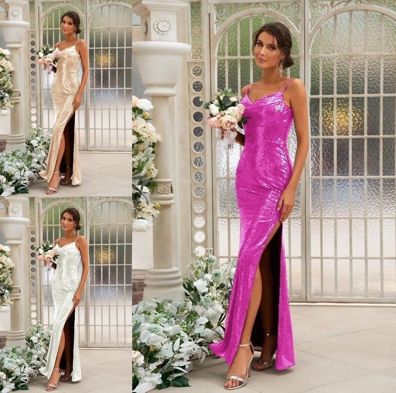 Sequins Straps Sleeveless Ruched Sheath/Column Spaghetti Floor-Length Bridesmaid Dresses