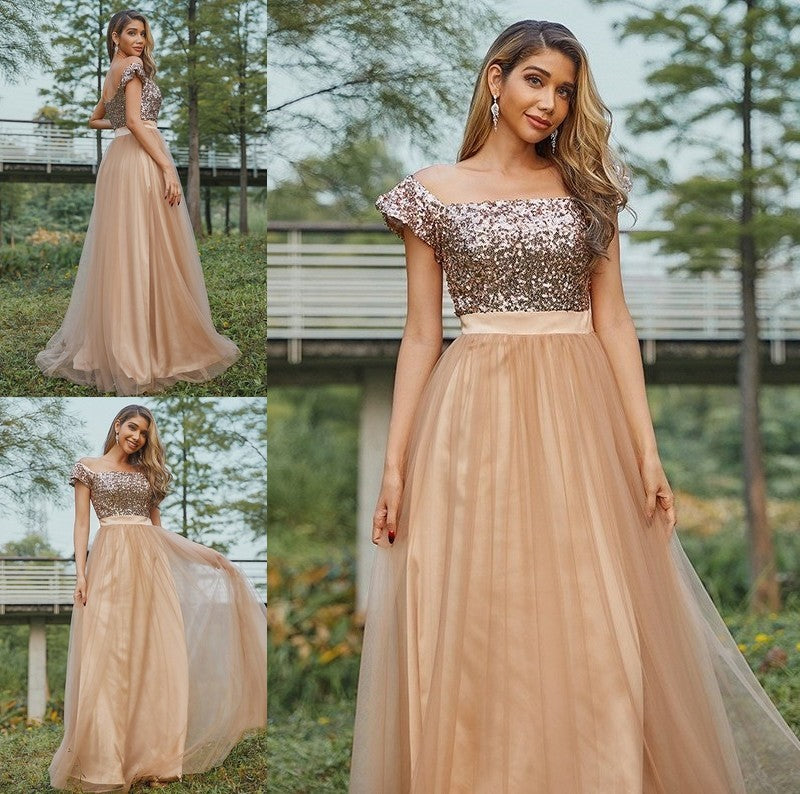 A-Line/Princess Sleeveless Off-the-Shoulder Tulle Sequin Floor-Length Bridesmaid Dresses