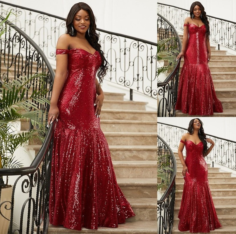 Off-the-Shoulder Sequins Trumpet/Mermaid Ruffles Sleeveless Floor-Length Dresses