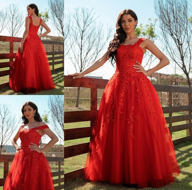 Tulle A-Line/Princess Applique Off-the-Shoulder Sleeveless Floor-Length Dresses