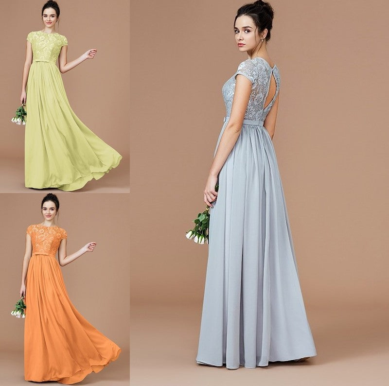 Lace A-Line/Princess Sleeves Short Jewel Floor-Length Chiffon Bridesmaid Dresses