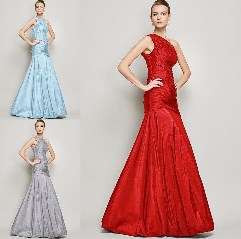 Long One-Shoulder Sleeveless A-Line/Princess Pleats Taffeta Bridesmaid Dresses