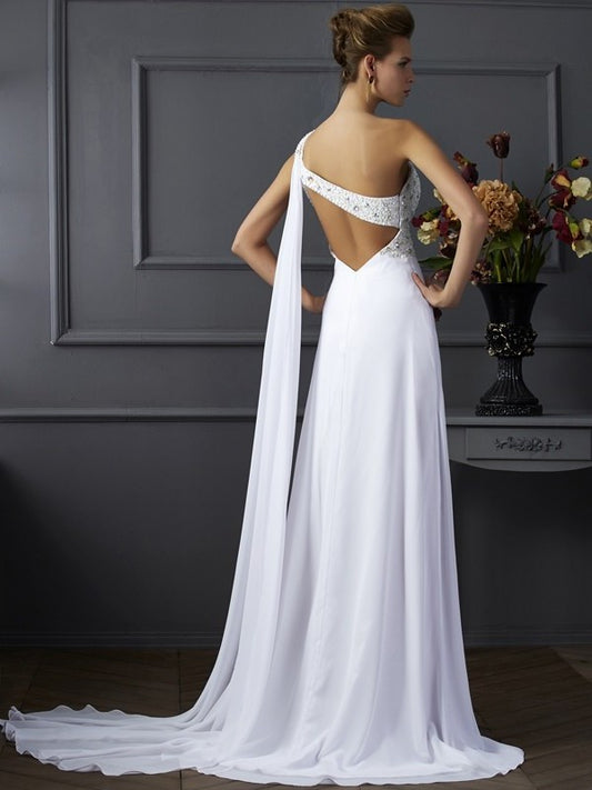 One-Shoulder Sheath/Column Sleeveless Beading Long Chiffon Dresses