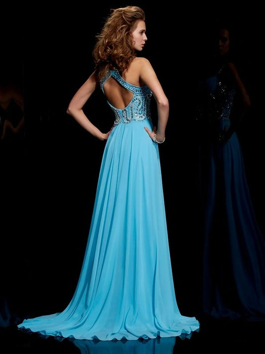 Sleeveless Beading A-Line/Princess Straps Long Chiffon Dresses