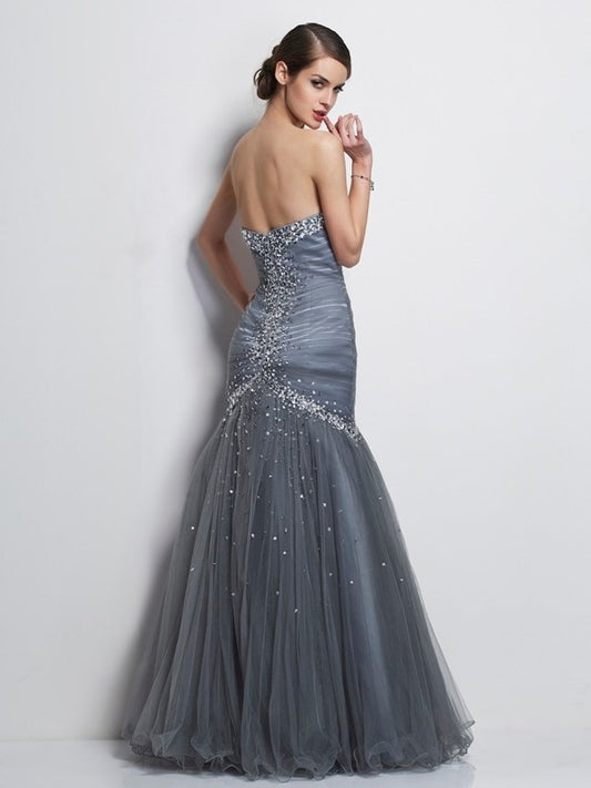 Beading Sweetheart Sleeveless Trumpet/Mermaid Long Net Dresses