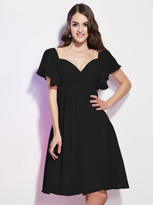 Short Sleeves Sheath/Column Sweetheart Ruffles Short Chiffon Bridesmaid Dresses