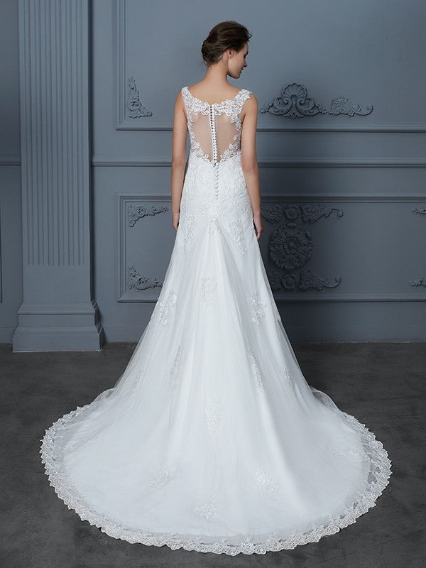 Trumpet/Mermaid Lace Sleeveless V-neck Train Court Tulle Wedding Dresses