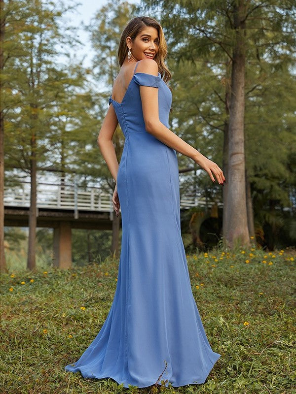 Ruched Sleeveless Chiffon V-neck Sheath/Column Floor-Length Bridesmaid Dresses