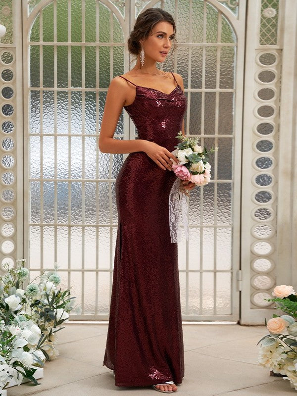 Sequins Straps Sleeveless Ruched Sheath/Column Spaghetti Floor-Length Bridesmaid Dresses