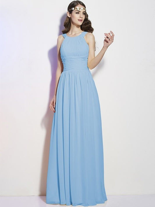 Bateau Long Pleats A-Line/Princess Sleeveless Chiffon Bridesmaid Dresses