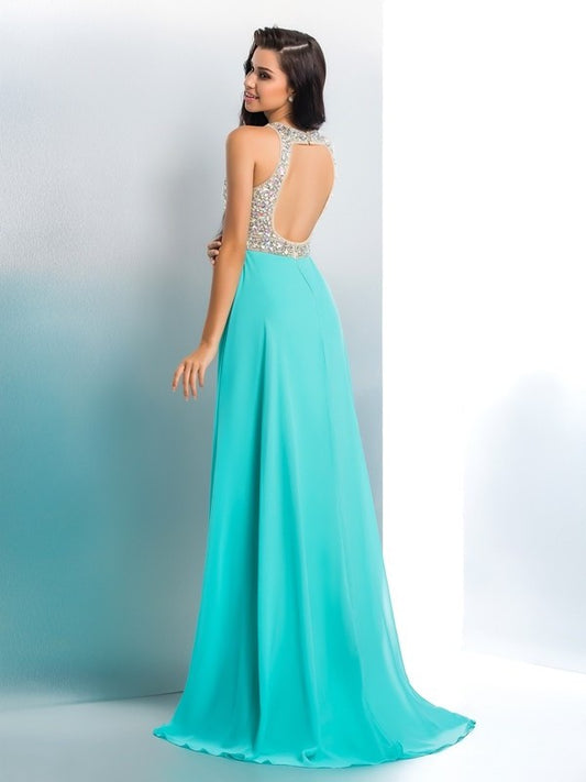 A-Line/Princess Beading Sleeveless Scoop Long Chiffon Dresses