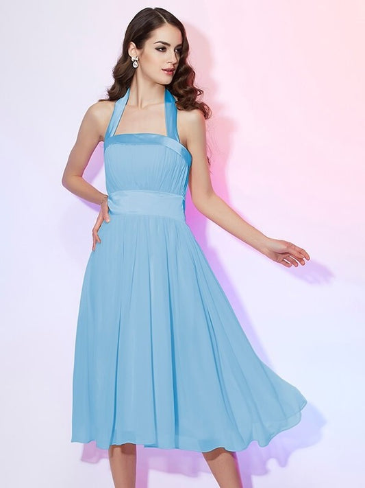 A-Line/Princess Sleeveless Pleats Short Halter Chiffon Bridesmaid Dresses