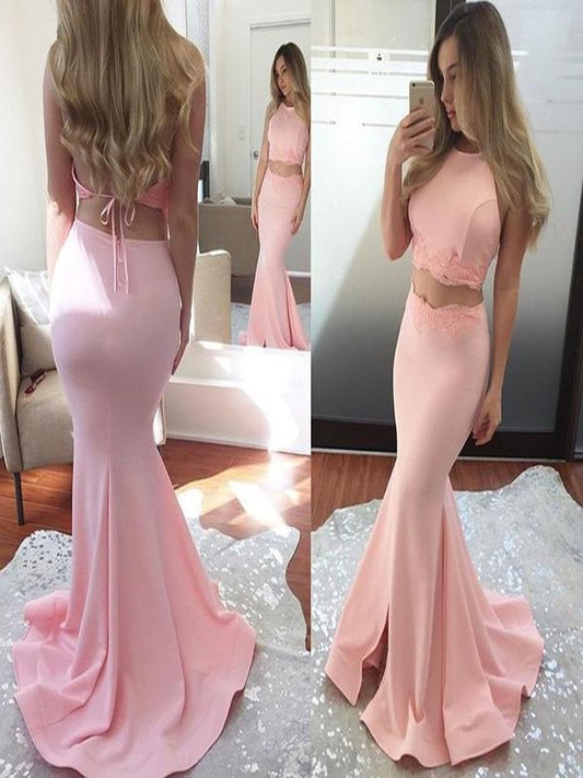 Trumpet/Mermaid Train Sweep/Brush Applique Stretch Sleeveless Crepe Halter Two Piece Dresses