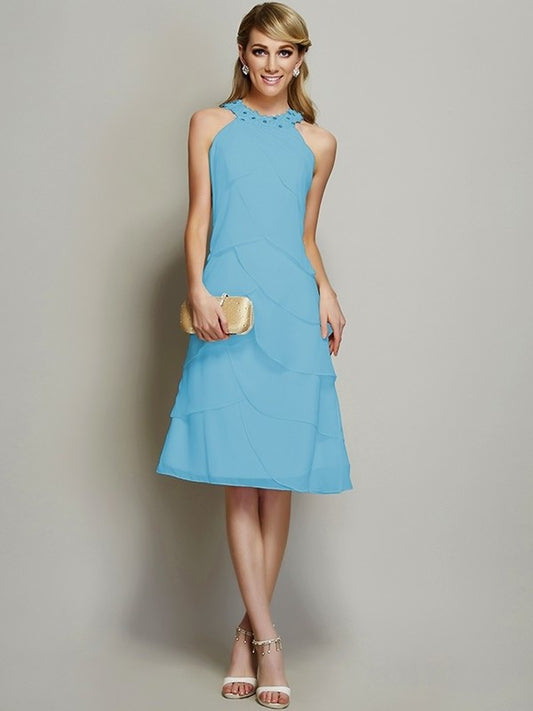 Bateau Short Sheath/Column Beading Sleeveless Chiffon Bridesmaid Dresses