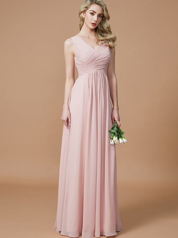 Floor-Length A-Line/Princess V-neck Ruched Sleeveless Chiffon Bridesmaid Dresses