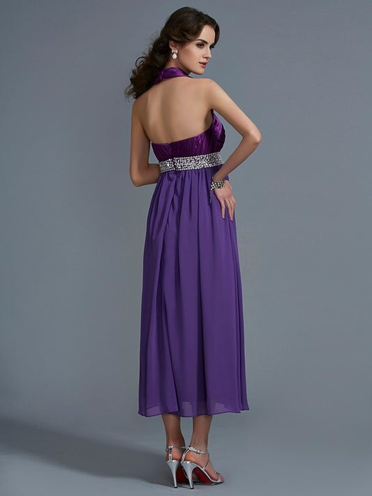 Long Halter Sleeveless A-Line/Princess Beading Chiffon Bridesmaid Dresses