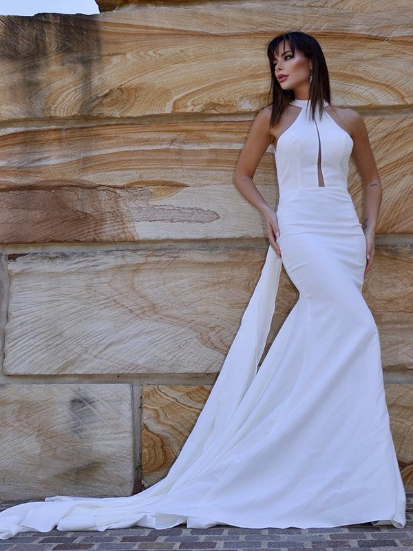 Stretch Ruffles Trumpet/Mermaid Halter Crepe Court Sleeveless Train Wedding Dresses