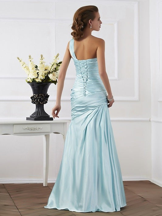 Elastic Ruched Sleeveless Trumpet/Mermaid Long One-Shoulder Woven Satin Dresses