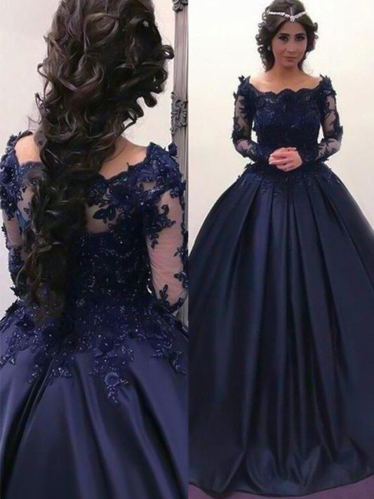 Long Train Gown Bateau Ball Sleeves Sweep/Brush Applique Satin Dresses