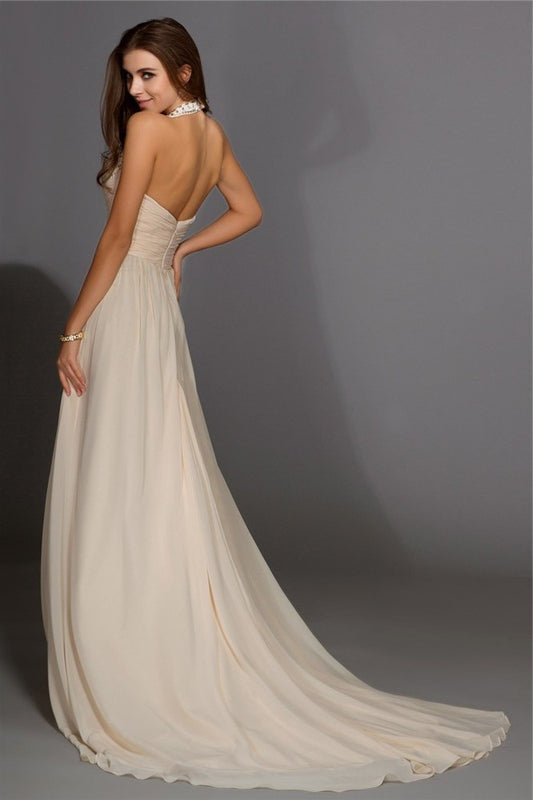 Beading Sleeveless V-neck Sheath/Column Long Chiffon Dresses