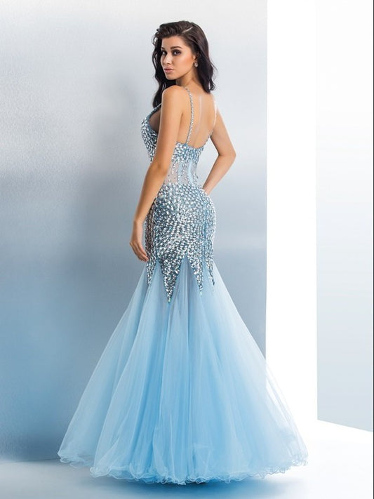 Sequin Sleeveless Trumpet/Mermaid Spaghetti Straps Long Tulle Dresses