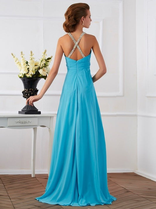 Halter Beading Empire Sleeveless Long Chiffon Dresses