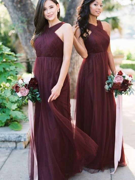 Halter Floor-Length Sleeveless A-Line/Princess Tulle Ruffles Bridesmaid Dresses