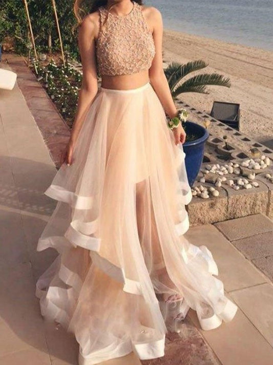 Floor-Length Halter A-Line/Princess Sleeveless Organza Beading Two Piece Dresses