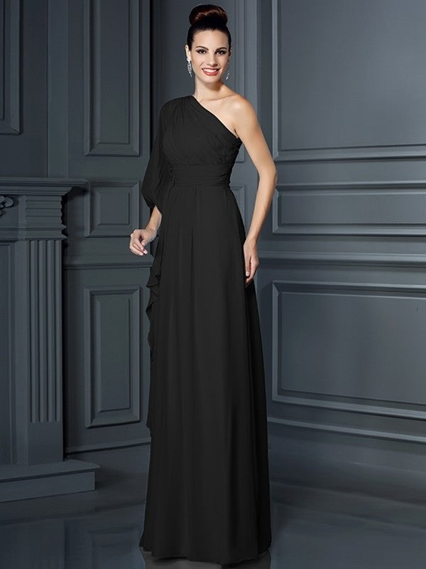 Long One-Shoulder Sleeves 3/4 Sheath/Column Chiffon Bridesmaid Dresses