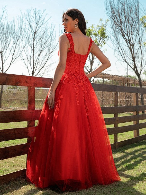 Tulle A-Line/Princess Applique Off-the-Shoulder Sleeveless Floor-Length Dresses