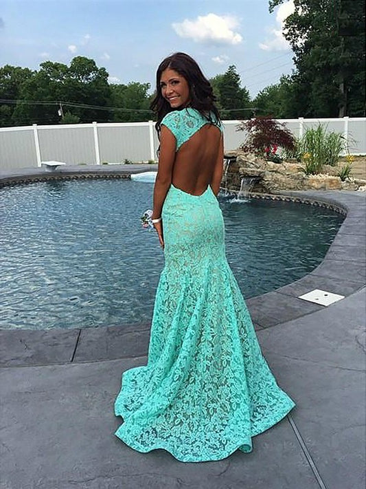 Trumpet/Mermaid Lace V-neck Sleeveless Ruffles Sweep/Brush Train Dresses