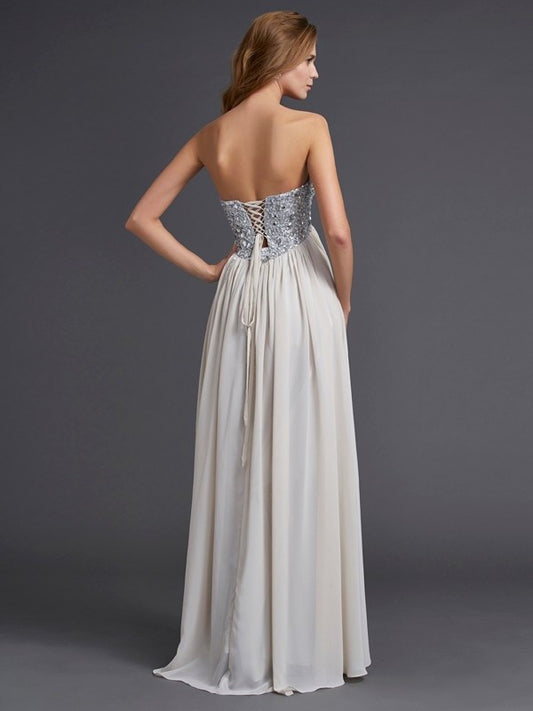 Sleeveless A-Line/Princess Rhinestone Sweetheart Long Chiffon Dresses